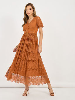 Styli - Women Brown Self Design Puff Sleeves Maxi Dress with Belt (Set of 2)