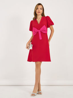 Styli - Women Red Solid Puff Sleeves Knee Length Dress
