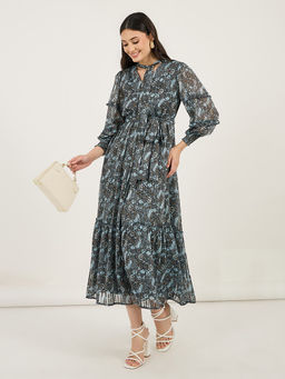 Styli - Women Blue Floral Balloon Sleeve Midi Dress with Belt (Set of 2)