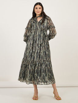 Styli - Women Olive Abstract Balloon Sleeve Midi Dress with Belt (Set of 2)