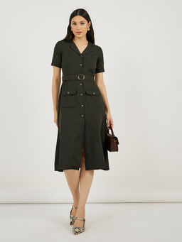 Styli - Women Olive Solid Half Sleeves Midi Dress with Belt (Set of 2)