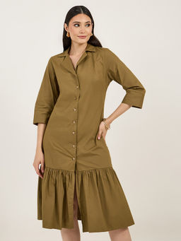 Styli - Women Olive Solid Three Fourth Sleeves Midi Dress
