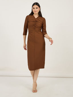 Styli - Women Brown Textured Three Fourth Sleeves Midi Dress
