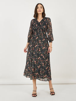 Styli - Women Black Floral Three Fourth Sleeves Midi Dress