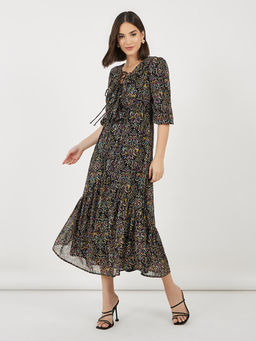Styli - Women Black Printed Three Fourth Sleeves Midi Dress