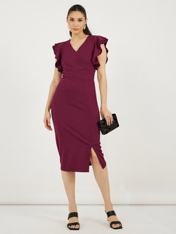 Styli - Women Purple Solid Ruffled Sleeves Midi Dress