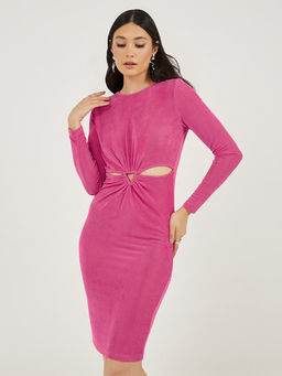 Styli - Women Pink Solid Full Sleeves Knee Length Dress