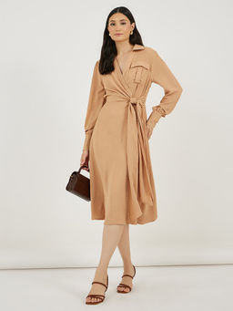 Styli - Women Beige Solid Full Sleeves Midi Dress