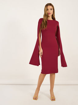 Styli - Women Burgundy Solid Cape Midi Dress