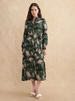 RAREISM - Lika Green Floral Midi Dress with Belt (Set of 2)