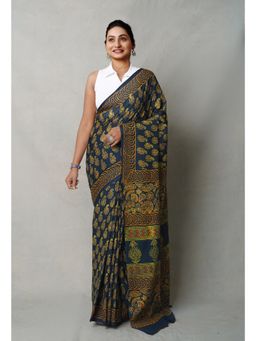 Unnati Silks - Navy Blue Pure Ajrakh Printed Superfine Mulmul Cotton Saree with Unstitched Blouse