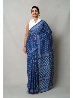 Unnati Silks - Navy Blue Napthol Hand Block Printed Superfine Cotton Saree with Unstitched Blouse
