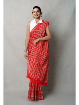 Unnati Silks - Red Pure Napthol Hand Block Printed Superfine Cotton Saree with Unstitched Blouse