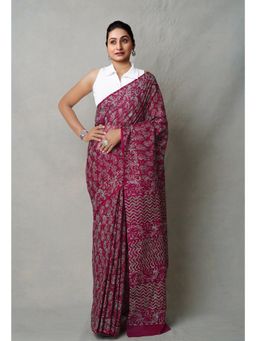 Unnati Silks - Maroon Pure Napthol Hand Block Printed Superfine Cotton Saree with Unstitched Blouse