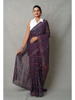 Unnati Silks - Purple Napthol Hand Block Printed Mulmul Cotton Saree with Unstitched Blouse