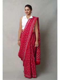 Unnati Silks - Red Napthol Hand Block Printed Superfine Mulmul Cotton Saree with Unstitched Blouse