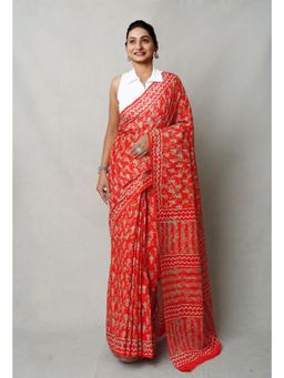 Unnati Silks - Red Pure Napthol Hand Block Printed Superfine Cotton Saree with Unstitched Blouse