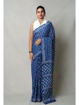 Unnati Silks - Navy Blue Napthol Hand Block Printed Superfine Cotton Saree with Unstitched Blouse