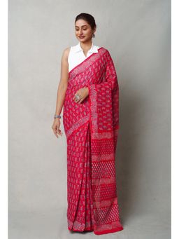 Unnati Silks - Red Blue Pure Napthol Hand Block Printed Cotton Saree with Unstitched Blouse
