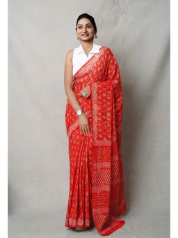 Unnati Silks - Red Green Napthol Hand Block Printed Superfine Cotton Saree with Unstitched Blouse
