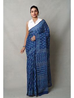 Unnati Silks - Navy Blue Napthol Hand Block Printed Superfine Cotton Saree with Unstitched Blouse