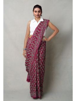 Unnati Silks - Maroon Pure Napthol Hand Block Printed Superfine Cotton Saree with Unstitched Blouse