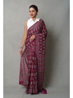 Unnati Silks - Maroon Pure Napthol Hand Block Printed Superfine Cotton Saree with Unstitched Blouse
