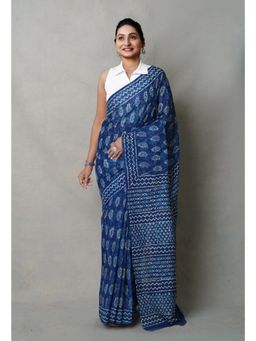 Unnati Silks - Navy Blue Napthol Hand Block Printed Superfine Cotton Saree with Unstitched Blouse