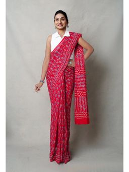 Unnati Silks - Red Pure Napthol Hand Block Printed Superfine Cotton Saree with Unstitched Blouse