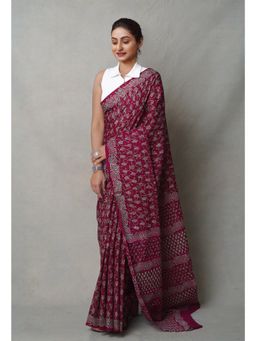 Unnati Silks - Maroon Pure Napthol Hand Block Printed Superfine Cotton Saree with Unstitched Blouse