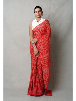 Unnati Silks - Red Pure Napthol Hand Block Printed Superfine Cotton Saree with Unstitched Blouse
