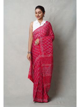 Unnati Silks - Red Pure Napthol Hand Block Printed Superfine Cotton Saree with Unstitched Blouse