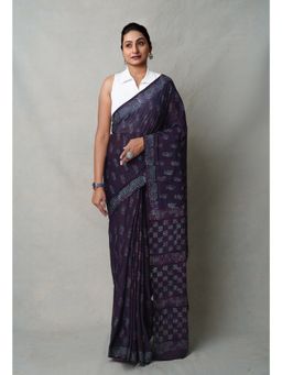 Unnati Silks - Navy Blue Napthol Hand Block Printed Superfine Cotton Saree with Unstitched Blouse