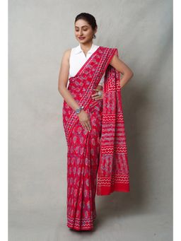 Unnati Silks - Red Pure Napthol Hand Block Printed Superfine Cotton Saree with Unstitched Blouse