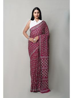 Unnati Silks - Brown Pure Napthol Hand Block Printed Superfine Cotton Saree with Unstitched Blouse