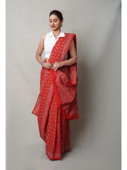 Unnati Silks - Red Pure Napthol Hand Block Printed Superfine Cotton Saree with Unstitched Blouse