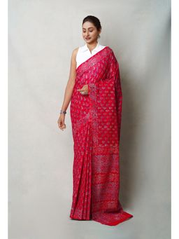 Unnati Silks - Red Pure Napthol Hand Block Printed Superfine Cotton Saree with Unstitched Blouse