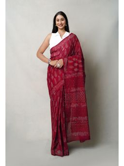 Unnati Silks - Maroon Pure Napthol Hand Block Printed Superfine Cotton Saree with Unstitched Blouse