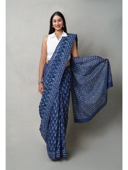 Unnati Silks - Navy Blue Napthol Hand Block Printed Superfine Cotton Saree with Unstitched Blouse