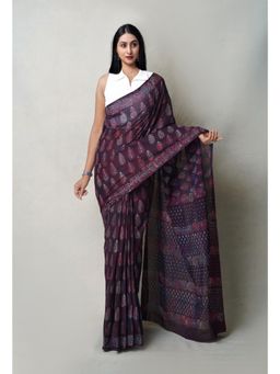 Unnati Silks - Purple Napthol Hand Block Printed Mulmul Cotton Saree with Unstitched Blouse