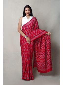 Unnati Silks - Red Pure Napthol Hand Block Printed Superfine Cotton Saree with Unstitched Blouse
