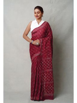 Unnati Silks - Maroon Pure Napthol Hand Block Printed Superfine Cotton Saree with Unstitched Blouse