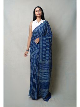 Unnati Silks - Navy Blue Napthol Hand Block Printed Superfine Cotton Saree with Unstitched Blouse