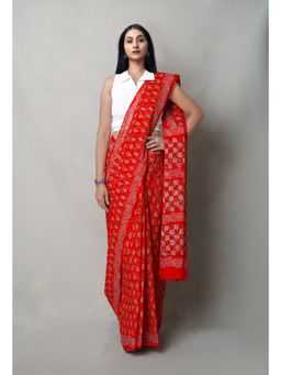 Unnati Silks - Red Pure Napthol Hand Block Printed Superfine Cotton Saree with Unstitched Blouse