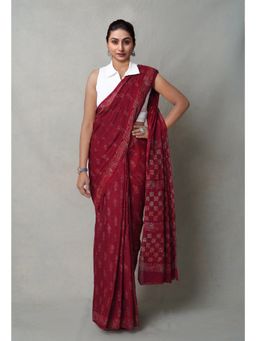 Unnati Silks - Maroon Pure Napthol Hand Block Printed Superfine Cotton Saree with Unstitched Blouse