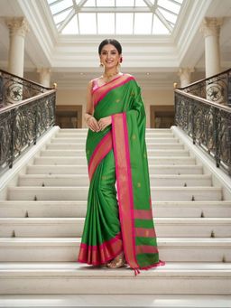 A S CREATION - Women Cotton Silk Green Woven Handloom Saree with Unstitched Blouse