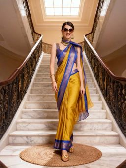 A S CREATION - Women Cotton Silk Mustard Woven Handloom Saree with Unstitched Blouse