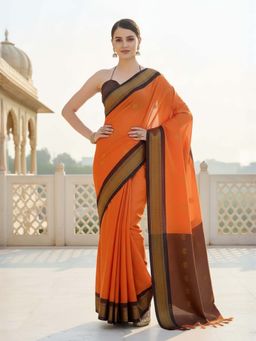 A S CREATION - Women Cotton Silk Orange Woven Handloom Saree with Unstitched Blouse
