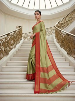 A S CREATION - Women Cotton Silk Sage Green Woven Handloom Saree with Unstitched Blouse