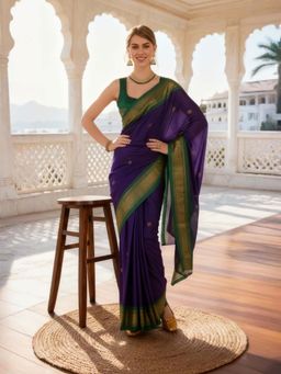 A S CREATION - Women Cotton Silk Purple Woven Handloom Saree with Unstitched Blouse